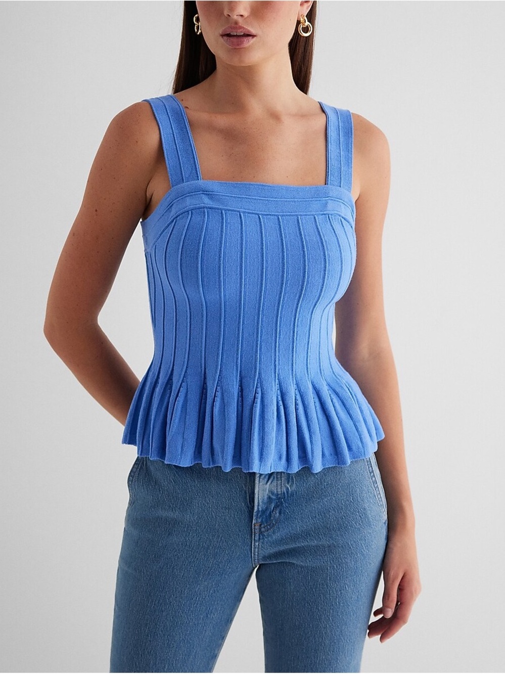 Square-Neck Pleated Ribbed Peplum Knit Sweater Tank Small
